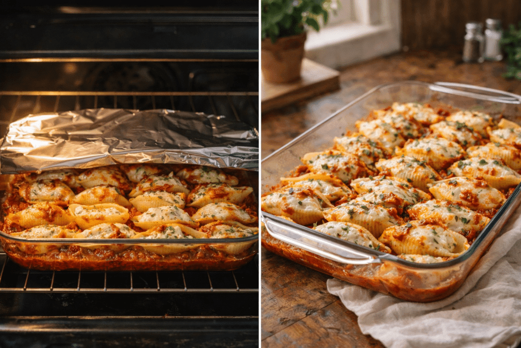 Baking and finished stuffed shells recipe with melted cheese