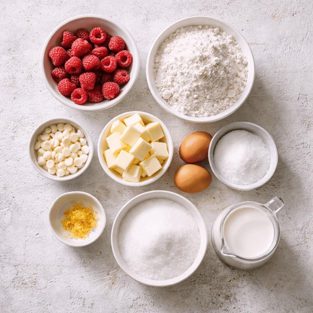 Ingredients for Valentine Cake including raspberries, flour, butter, and white chocolate
