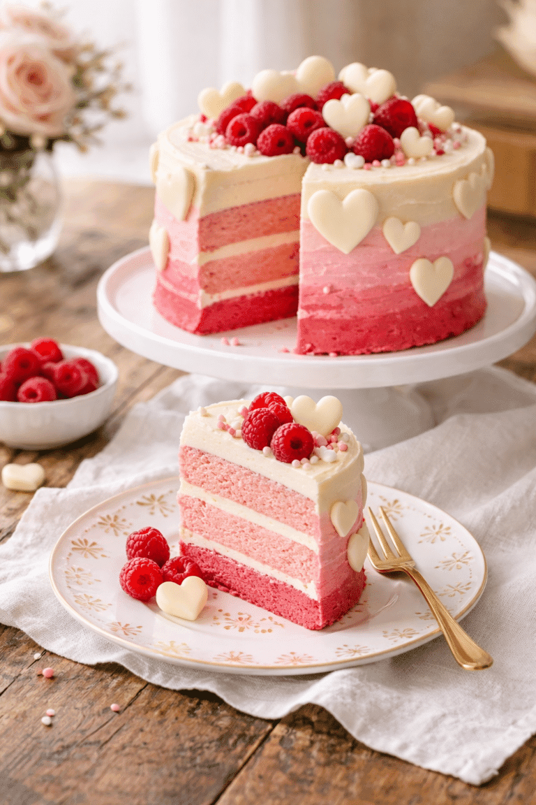 Valentine Cake with raspberry layers and pink ombre buttercream on yellow decorative plate