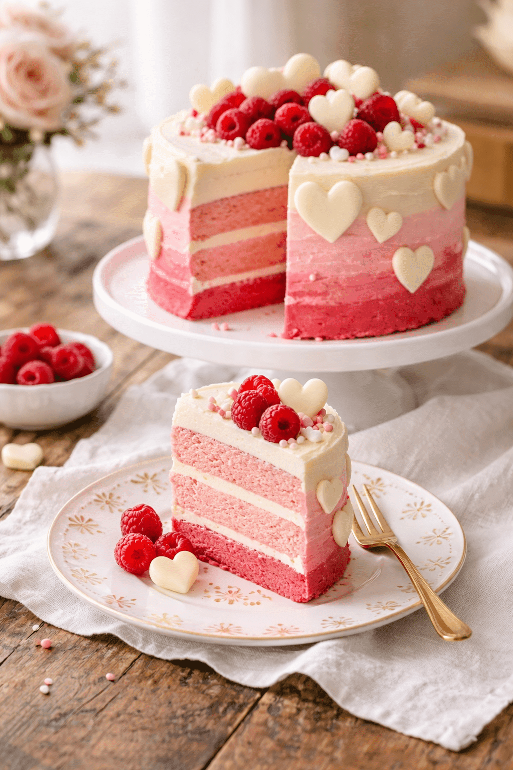 Valentine Cake with raspberry layers and pink ombre buttercream on yellow decorative plate