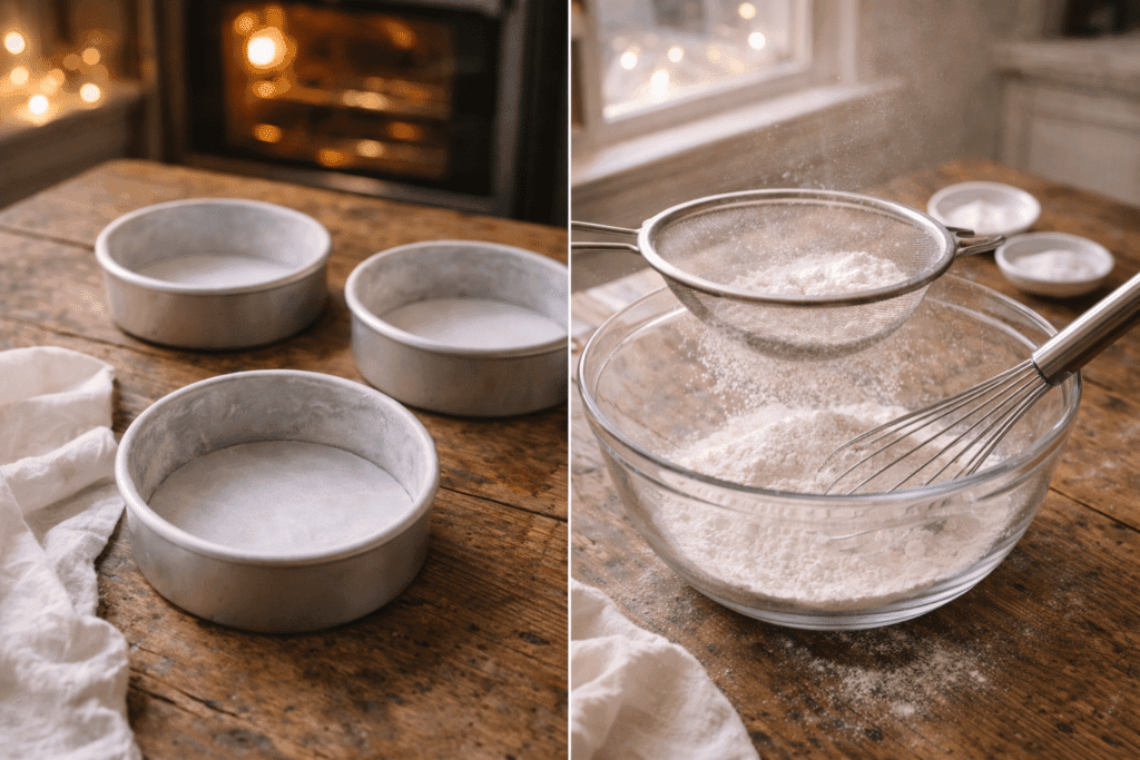 Preparing cake pans and mixing dry ingredients for Valentine Cake