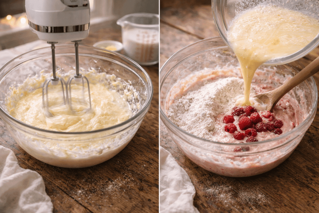 Mixing wet ingredients and folding raspberries into Valentine Cake batter