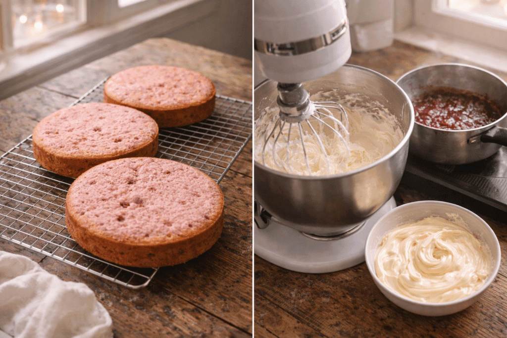 Baked cake layers cooling and white chocolate buttercream preparation for Valentine Cake