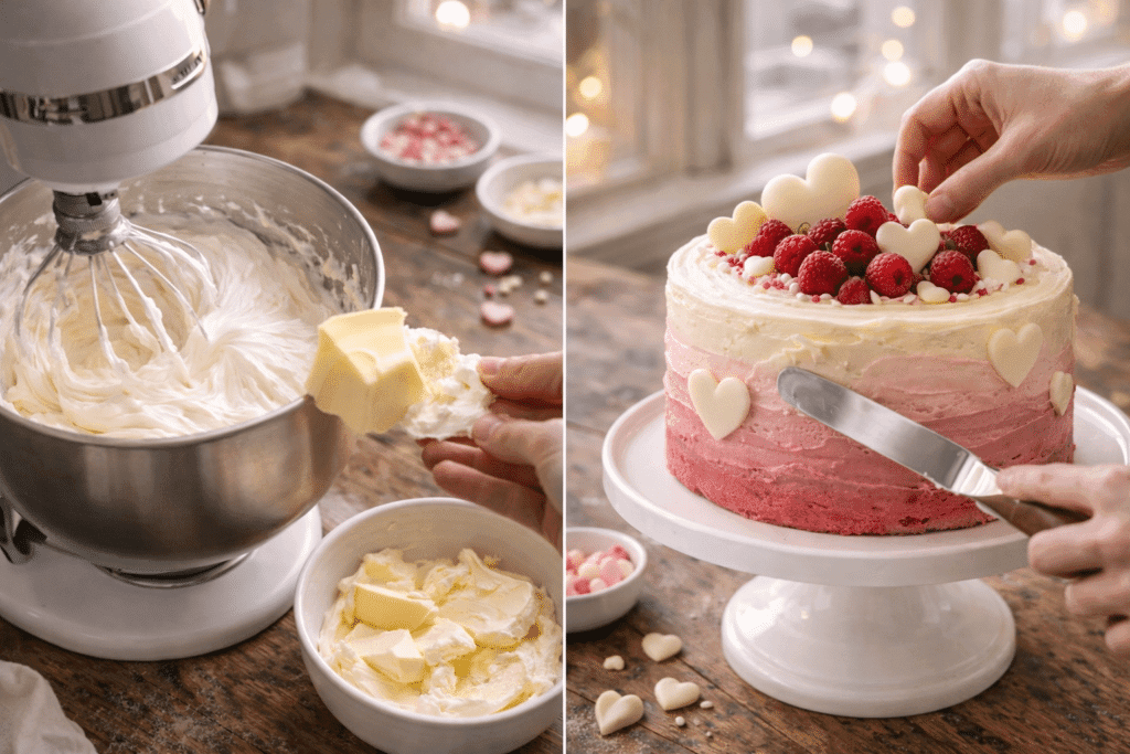 Making Italian buttercream and decorating Valentine Cake with ombre frosting and hearts