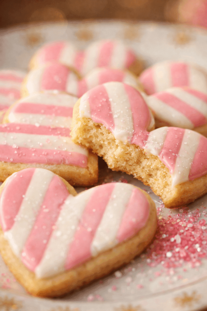 Close-up of Valentine Cookies showing striped vanilla texture