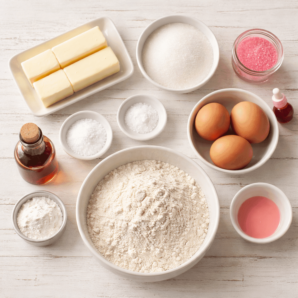 Ingredients for Valentine Cookies arranged on white wooden background