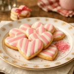 Valentine Cookies pink striped heart sugar cookies on yellow plate