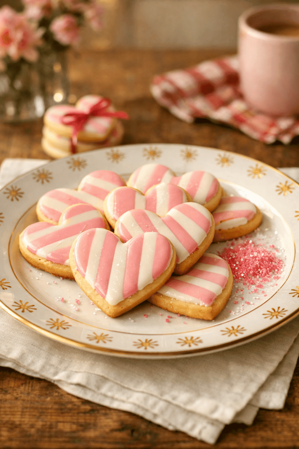Valentine Cookies pink striped heart sugar cookies on yellow plate