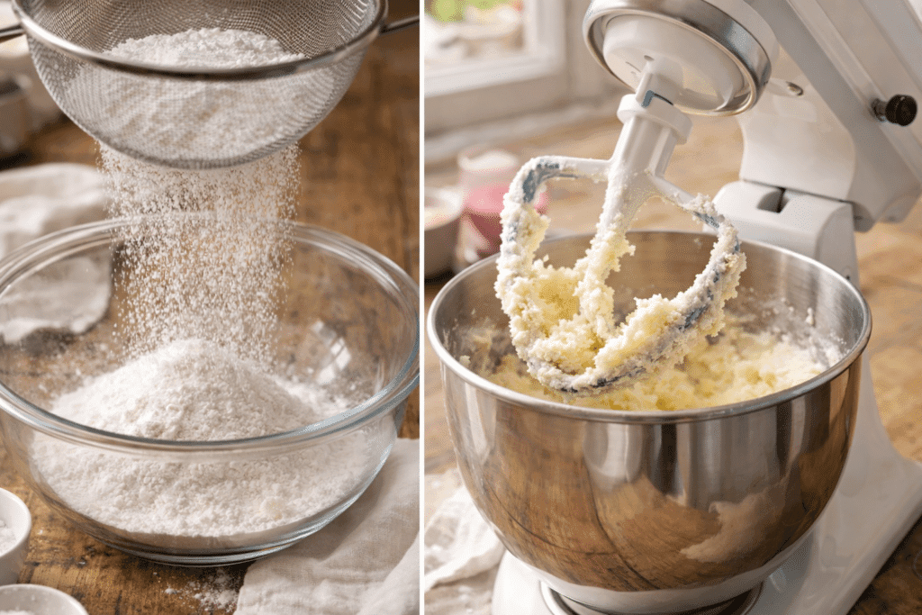 Preparing dry ingredients and creaming butter and sugar for Valentine Cookies