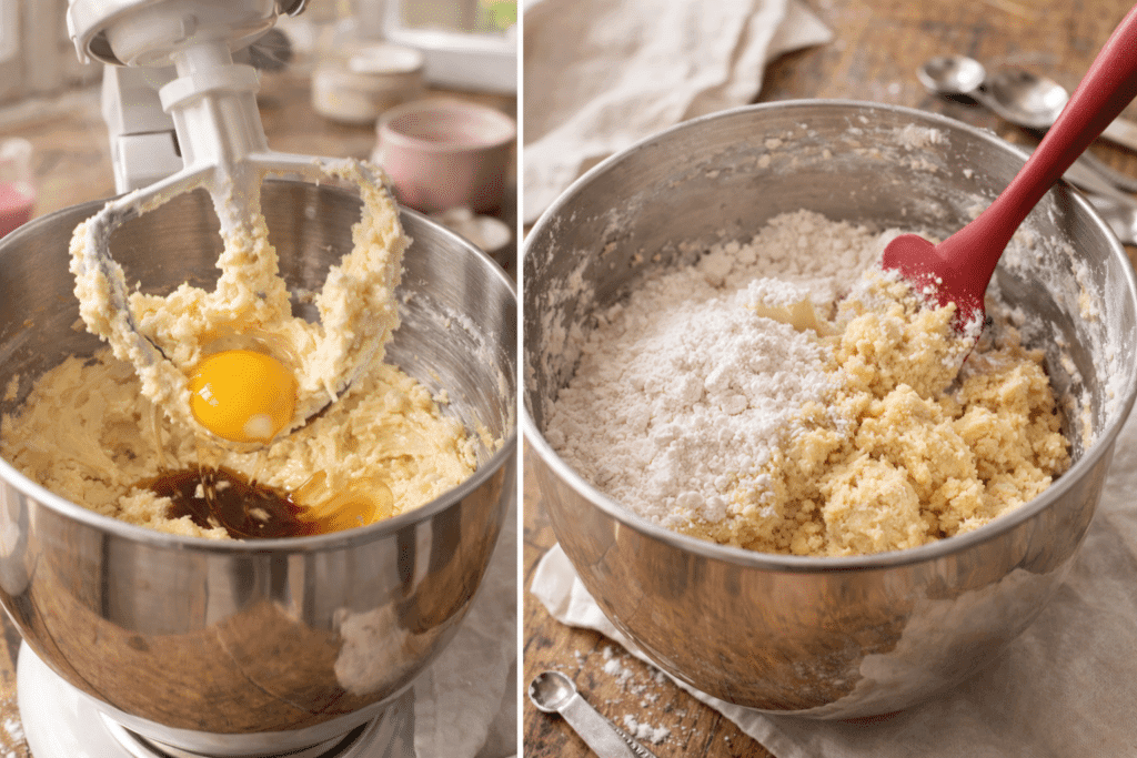 Adding egg and combining wet and dry ingredients for Valentine Cookies
