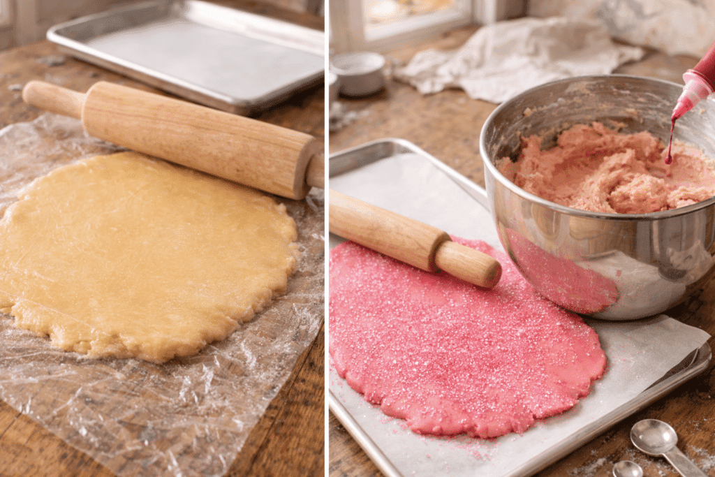 Rolling dough and preparing pink striped dough for Valentine Cookies