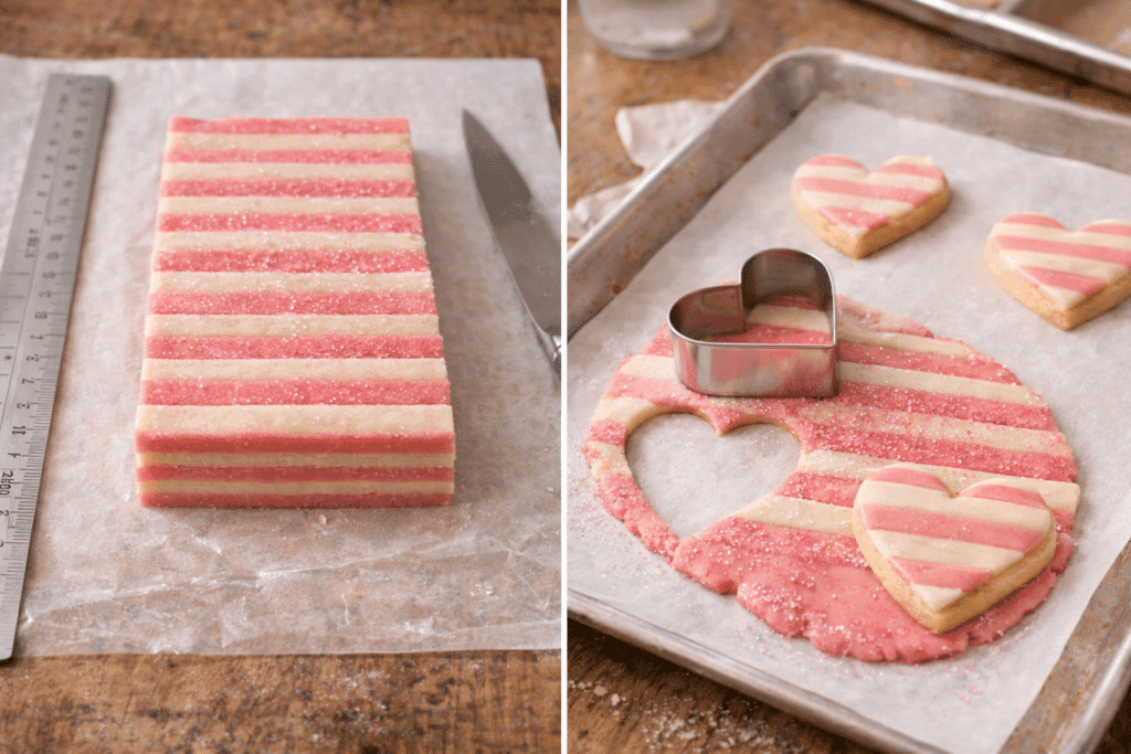 Layering striped dough and cutting heart shapes for Valentine Cookies