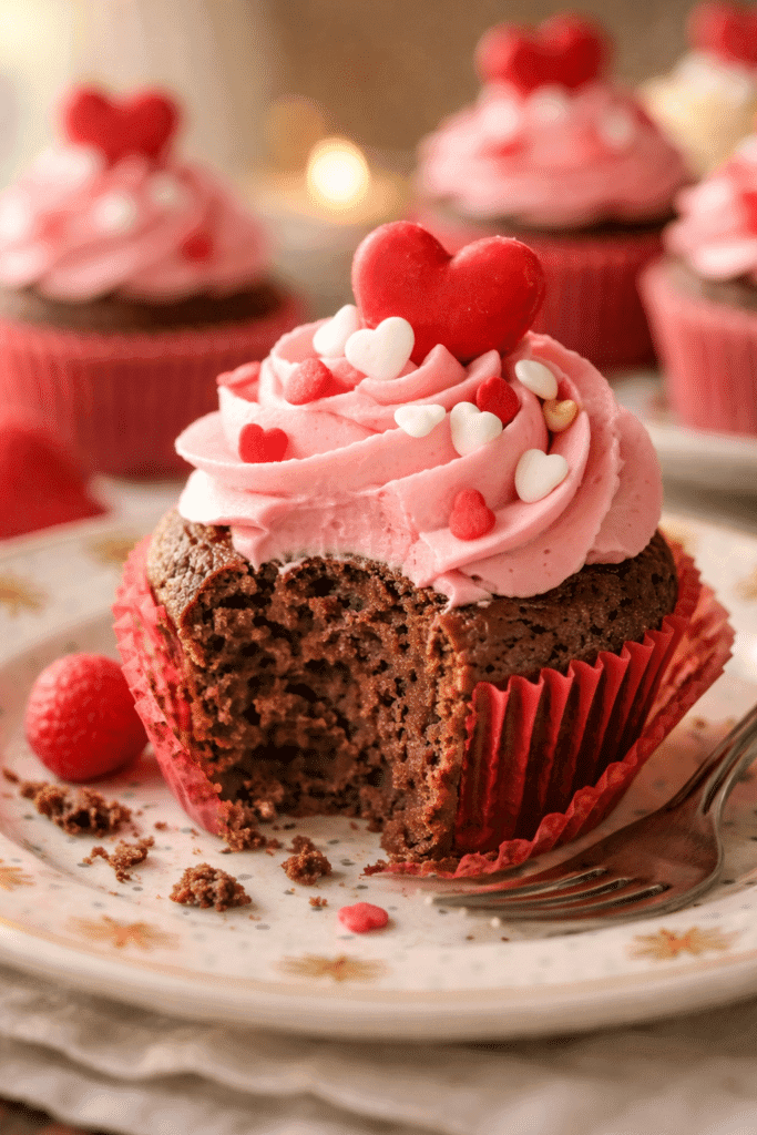 Close-up of Valentine Cupcakes showing soft crumb and raspberry buttercream