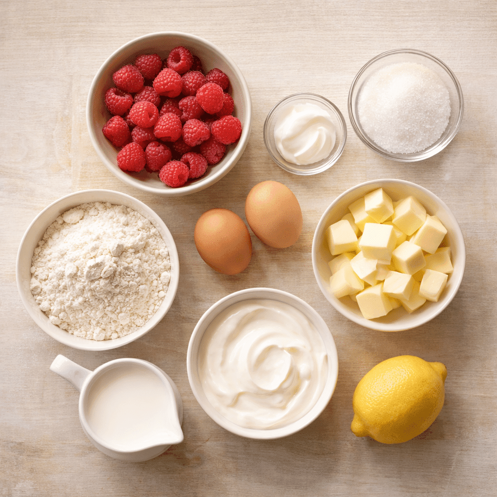 Ingredients for Valentine Cupcakes including raspberries and butter