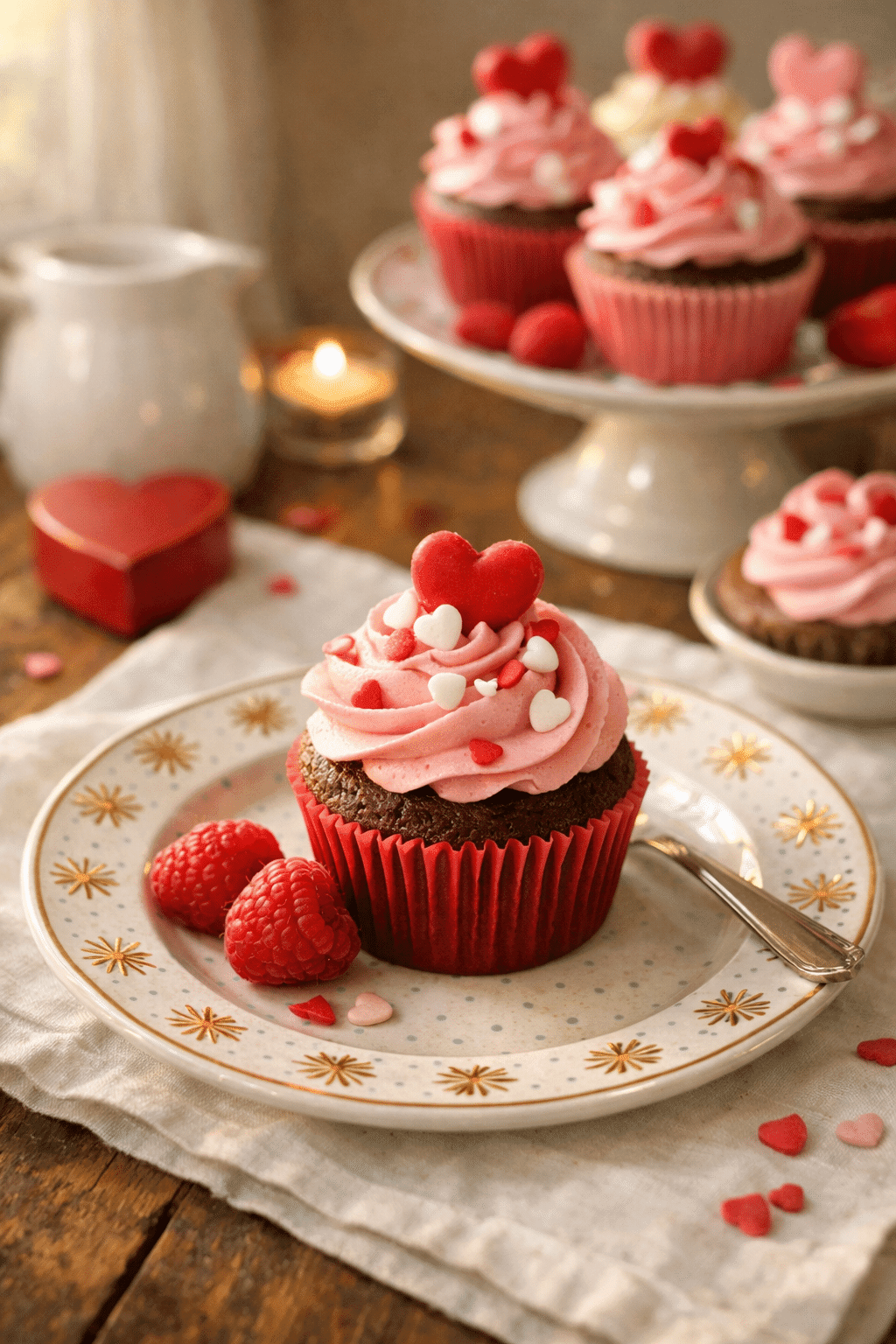 Valentine Cupcakes with raspberry Swiss buttercream on yellow sunburst plate
