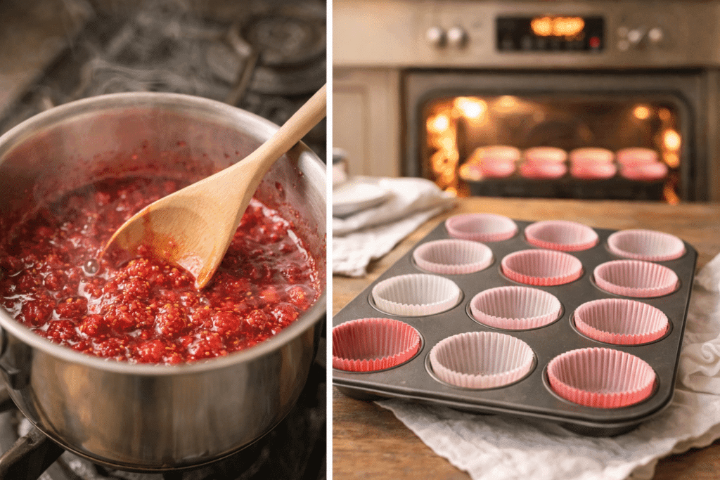 Making raspberry reduction and preparing cupcake pan for Valentine Cupcakes