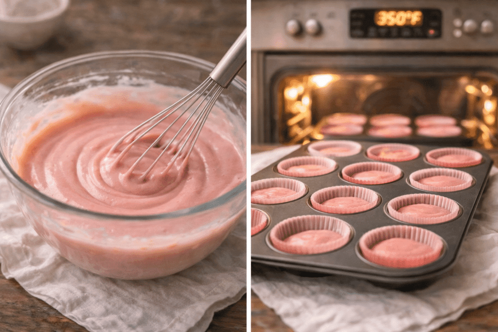 Folding pink batter and baking Valentine Cupcakes in oven