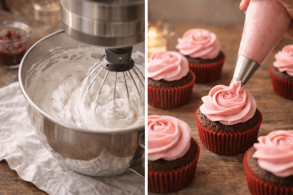 Whipping Swiss buttercream and piping rose frosting on Valentine Cupcakes